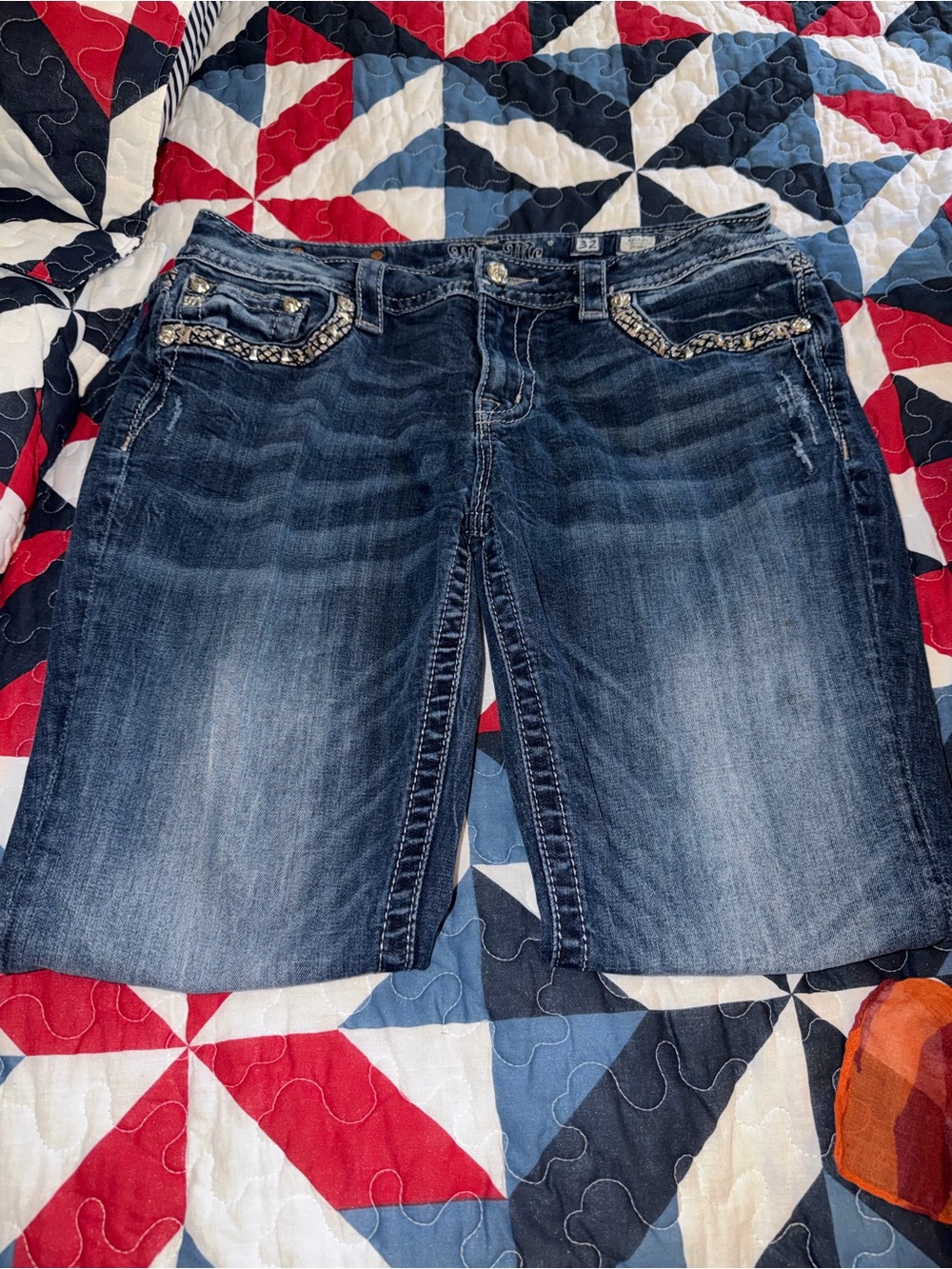 Miss Me Dark Blue Distressed Cropped Jeans with Embellished Pockets
